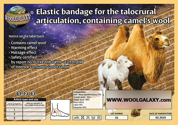 Elastic bandage for the talocrural articulation, containing camel's wool WOOLGALAXY®