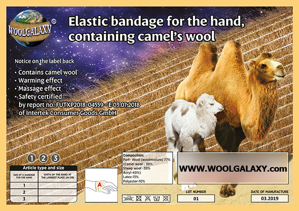 Elastic bandage for the hand, containing camel's wool WOOLGALAXY®